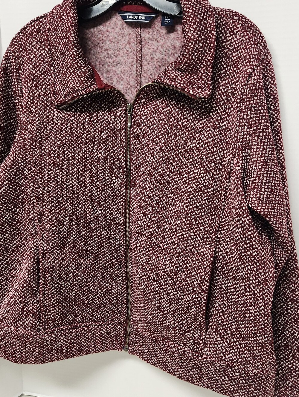 Lands End Full Zip Fleece Jacket Sz L/P Large Petite 14-16 Red White Tweed